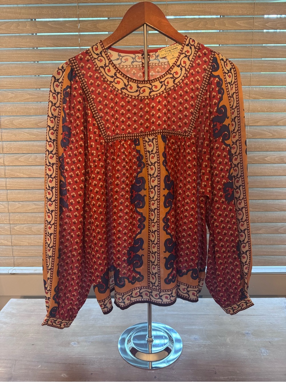 Flying Tomato Red and Navy Boho Printed Peasant Blouse - Picture 2 of 3